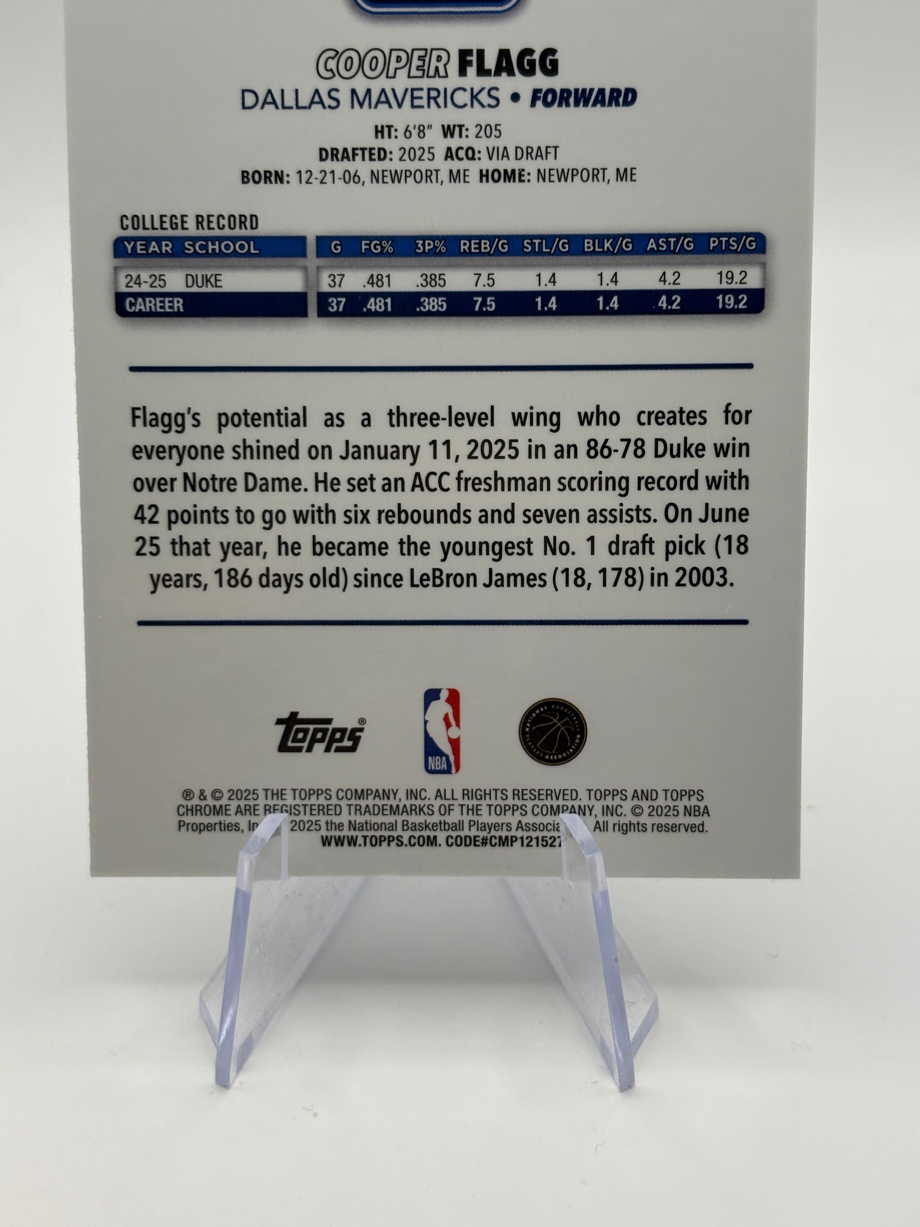 2025-26 NBA Topps Chrome Cooper Flagg RC Dallas Mavericks Base Rookie #251 FRENLY BRICKS - Open 7 Days